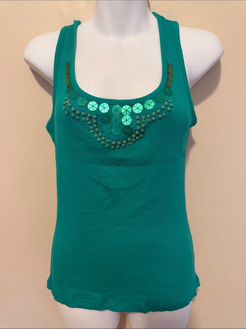 Apostrophe Teal Embellished Ribbed Tank Top